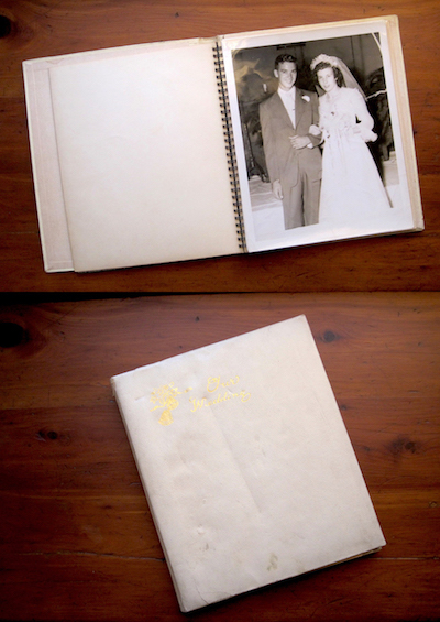 black and white wedding photo in album