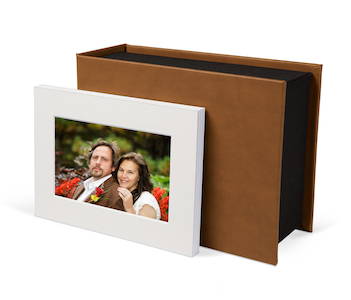 matted 5x7 prints with leather covered storage box